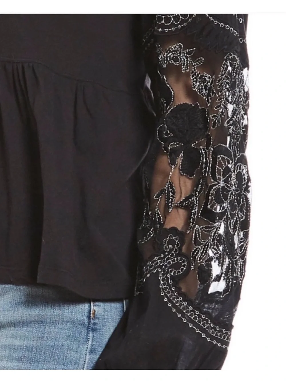 Free People Sz L Black Penny Peplum Long-Sleeve Top with Embroidered Sleeves